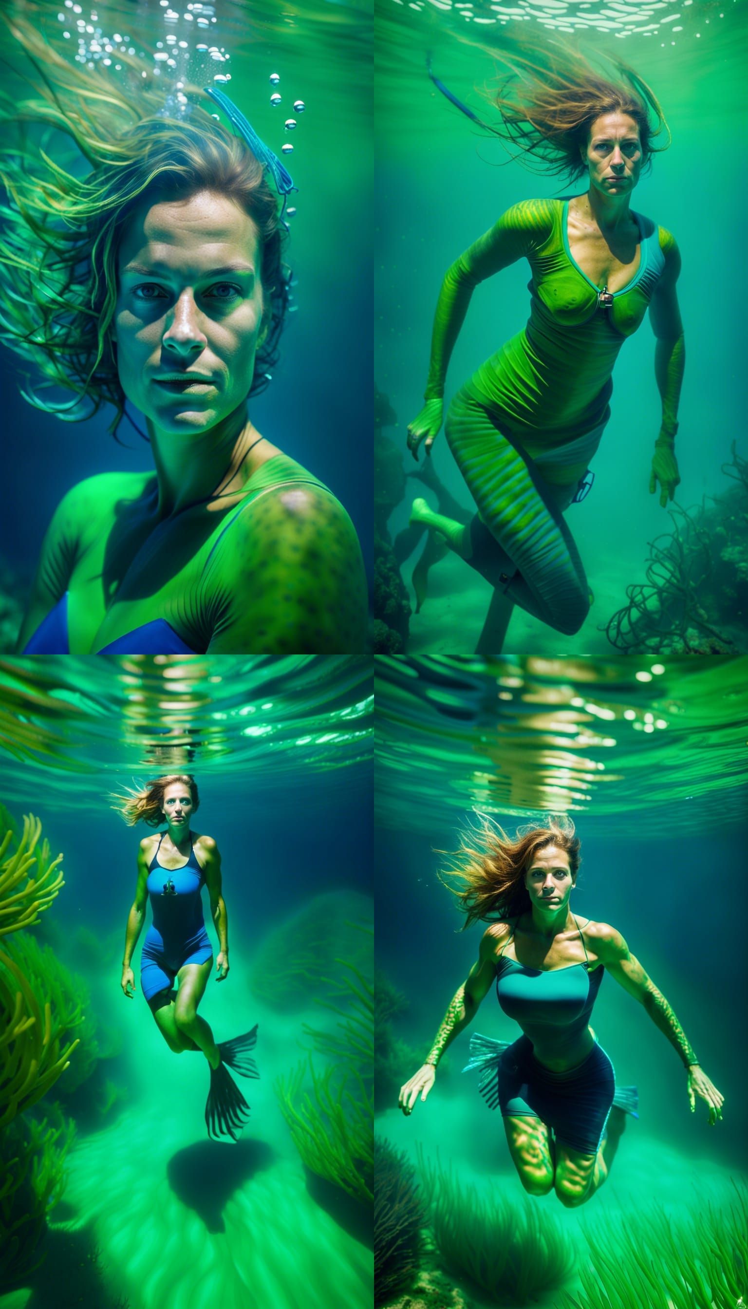 Underwater 36 year old Australian woman green blue strong fe...