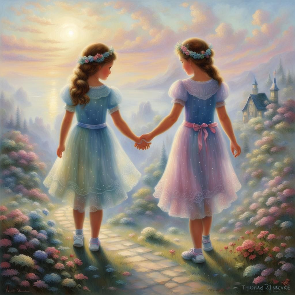 Two Girls Holding Hands: Ethereal Fantasy Art