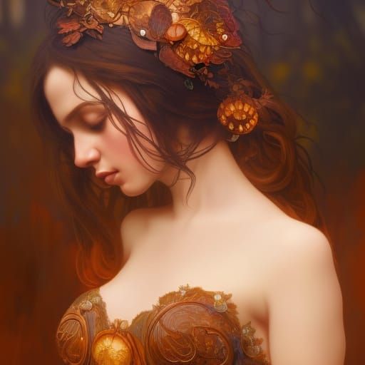 fall goddess, headpiece, intricate gown, detailed eyes, stro...