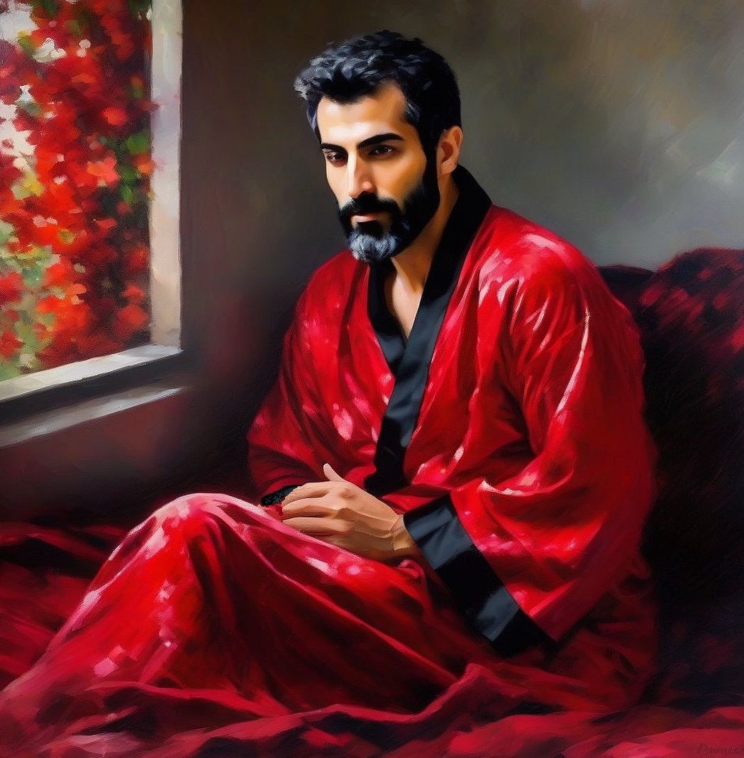 A handsome bearded man  at home