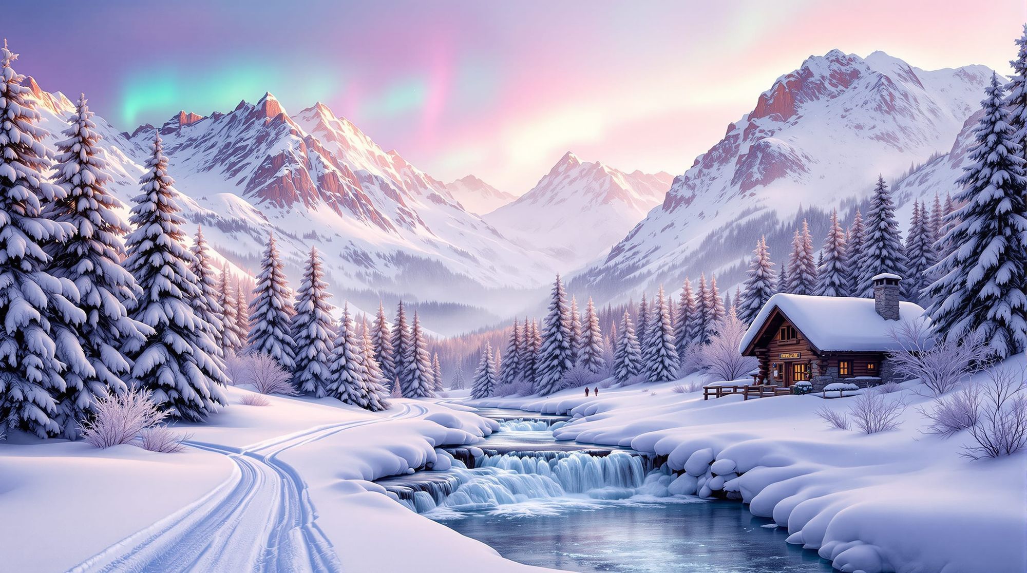 Frosty alpine winter vista at dawn, snow-clad mountains glowing in pale rose and gold, crystalline ice waterfall cascading into a half-froze...