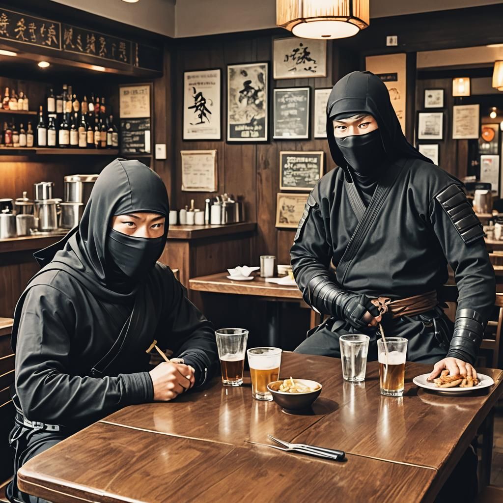 Two ninjas sitting at a table in a restaurant.