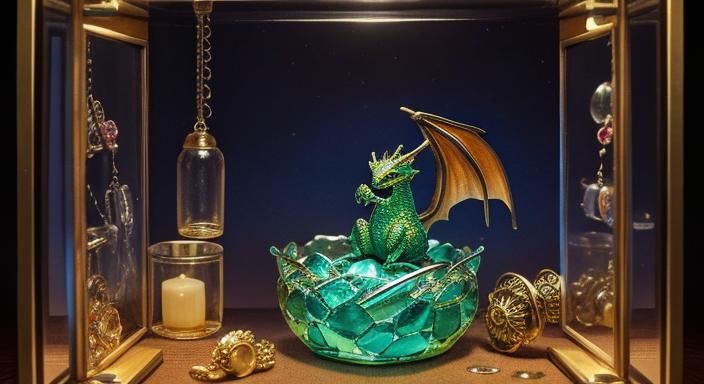 A cute miniature baby dragon sitting in a glass jewelry box ...