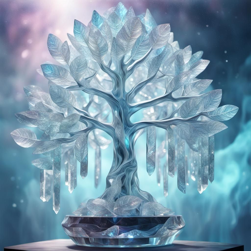 ice statue in the form of a Money tree with transparent crystal leaves, play of light, dispersion, 8k ...  by @lydo4ka25