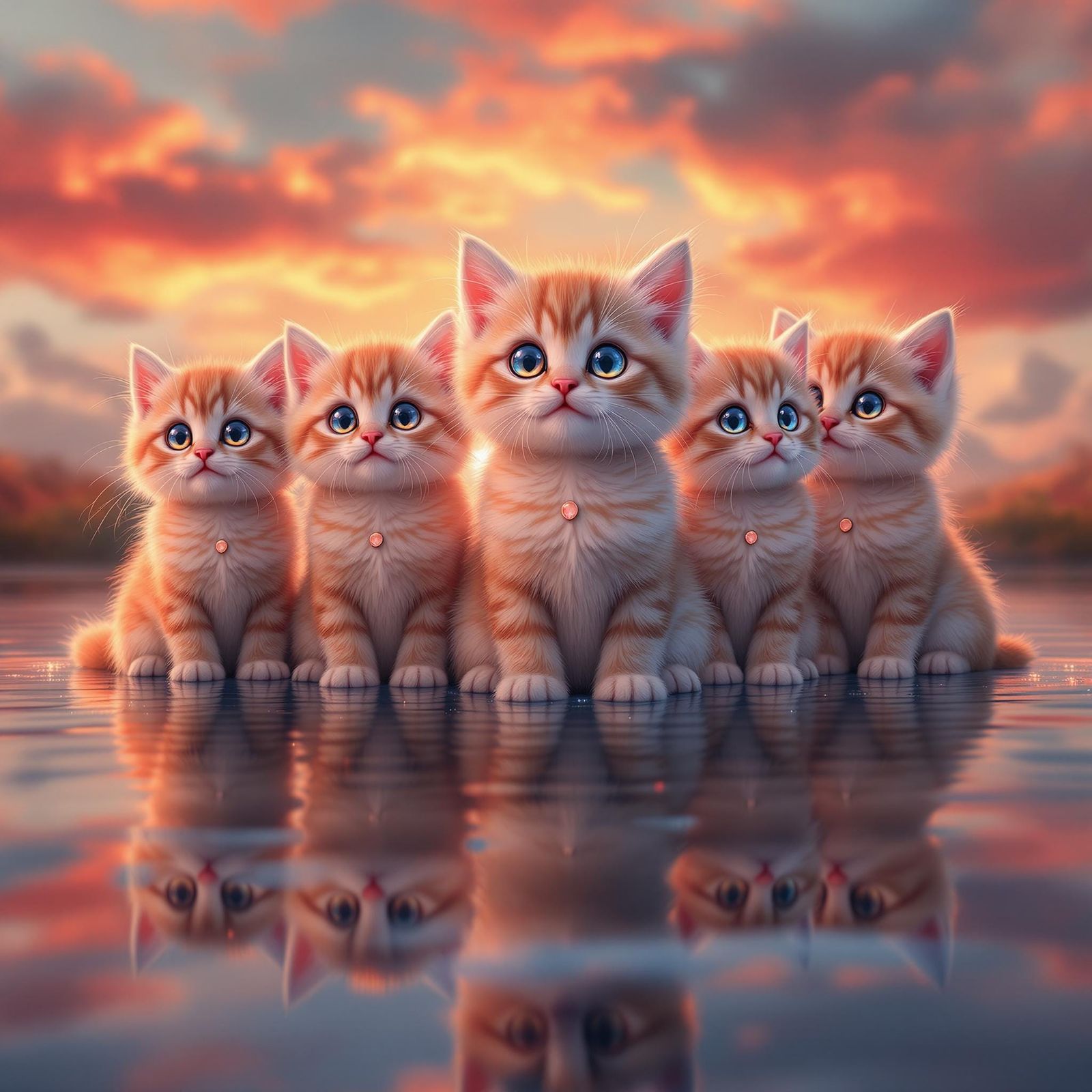 5 adorable fur kittens with exaggerated, sparkling eyes and ...