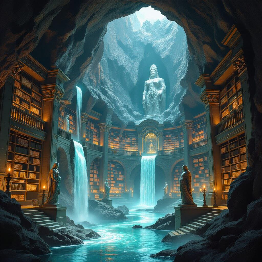 A colossal, ancient library carved into the heart of a mountain, its shelves filled with glowing, pulsating books. Rivers of liquid light fl...