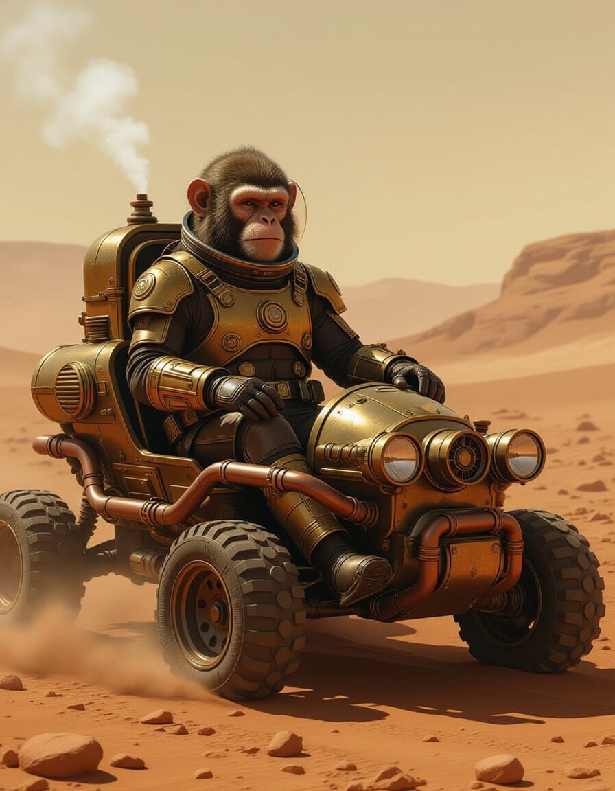 A striking photo of a monkey in a spacesuit in a steampunk rover on Mars. The background is a dusty, barren landscape. The image features hy...