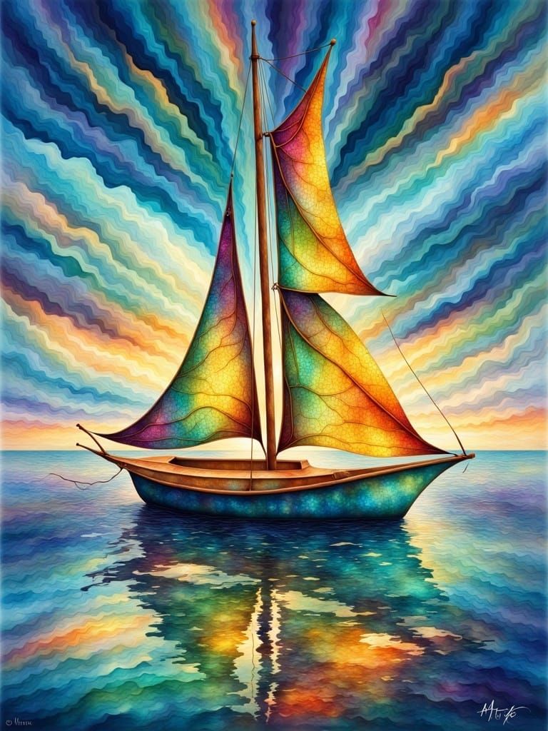 <lora:Colorful Magic Flux:1.0> expansive shot, watercolor style, a stunning leaves sailboat floating between the clouds, leaves parts, shiny...