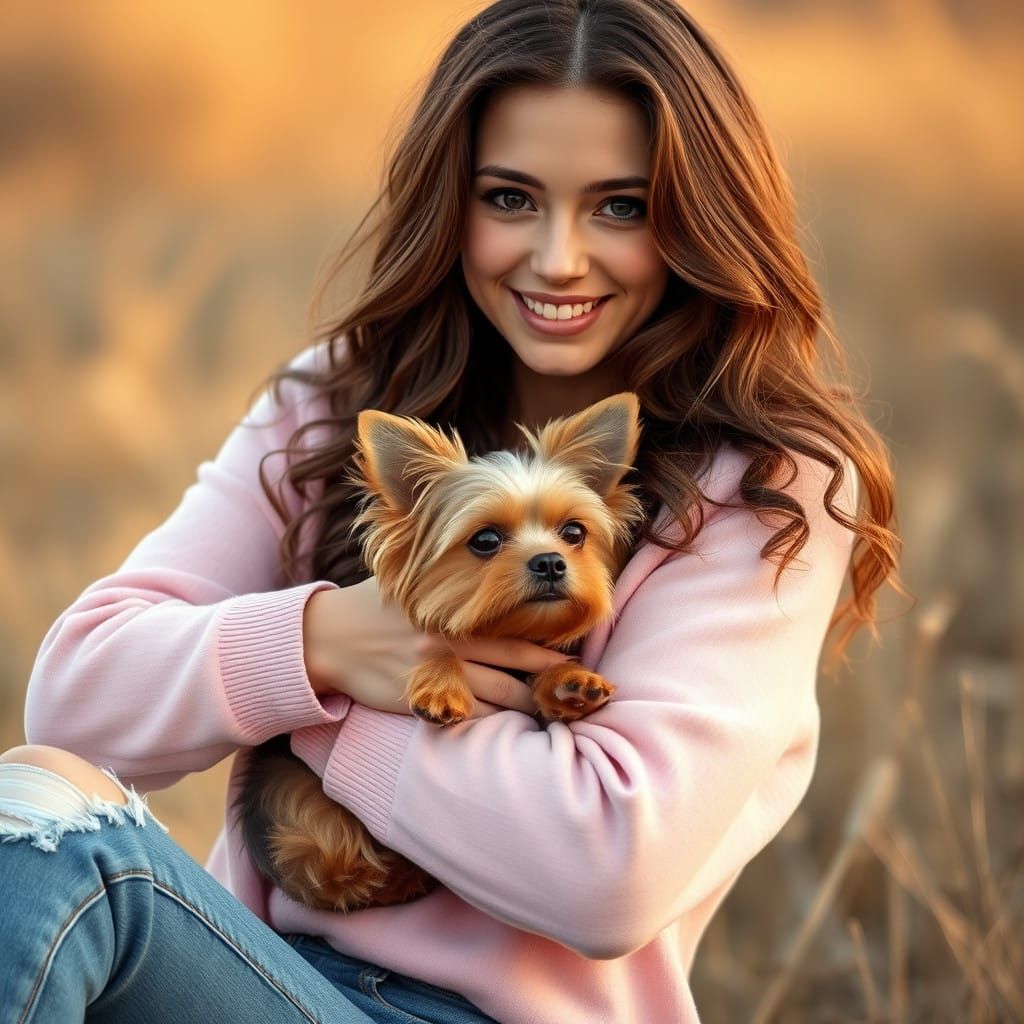 Gentle Woman Cradling Adoring Yorkie in Soft Afternoon Light