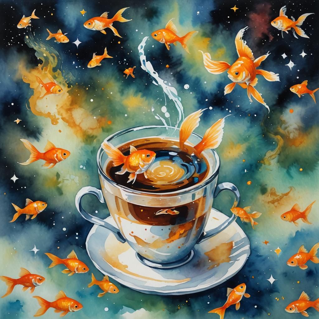 a goldfish in space with a cup of coffee