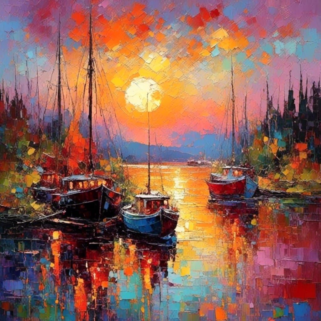 <lora:MixedMediaCollage:1.0> <lora:Impasto Landscapes:1.0> Fishing village, sailboat, stunning colorful sunset, reflections, beautiful, Mixe...