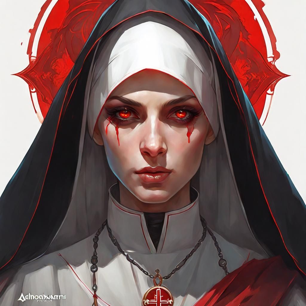 beautiful nun red eyes black costumes head and shoulders portrait, 8k ...