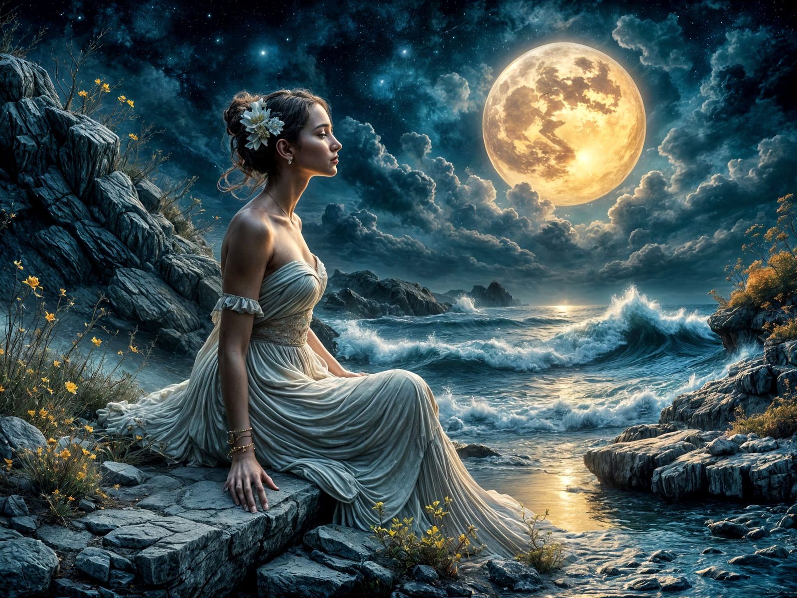 A beautiful woman wearing a flowing dress sits on a rocky outcrop overlooking a tranquil moonlit bay. ...  by @Valmont