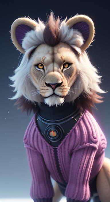 synthwave, Symmetrical, Centered Cute Pixar Style 3d  Lion c...