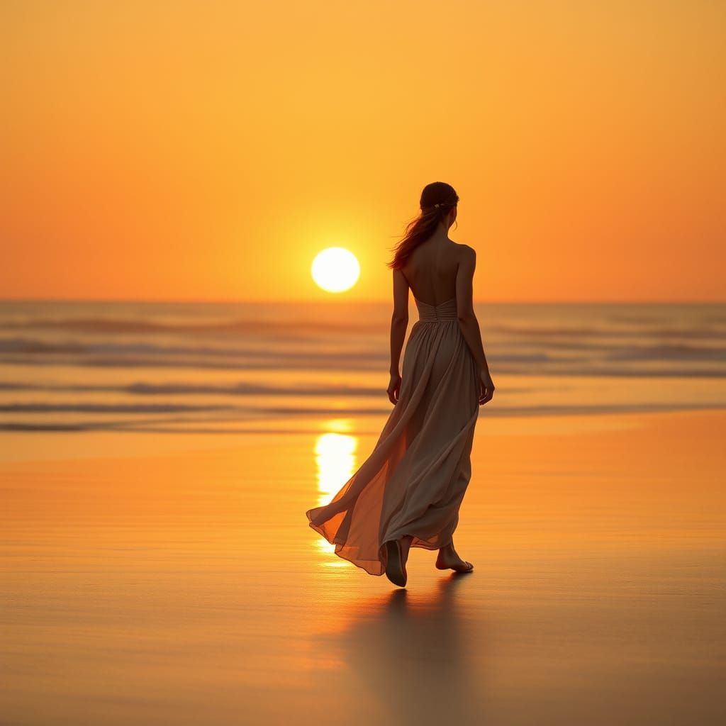 Woman on Beach at Sunset, Painterly Style