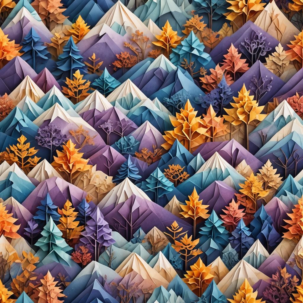 Vibrant Origami Landscape in Watercolor Style