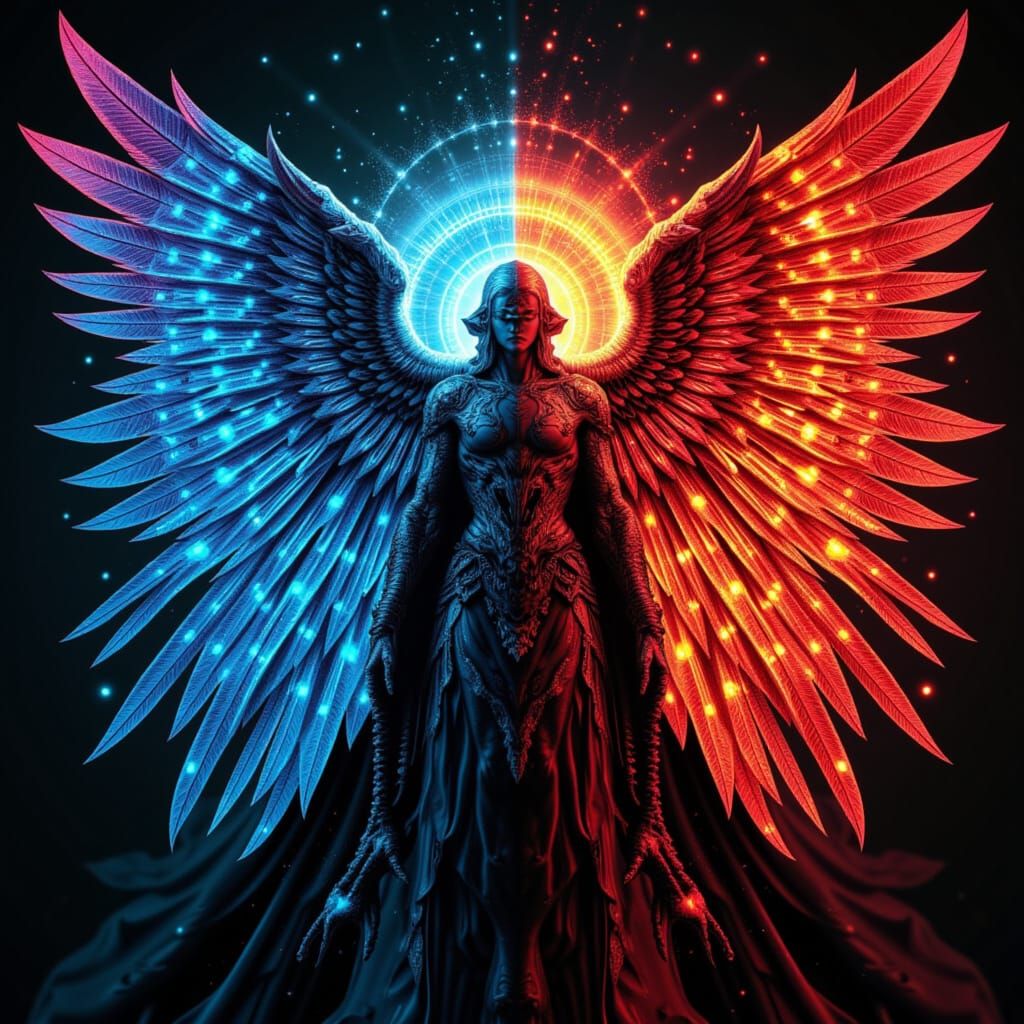 <lora:Heaven-or-Hell:1.0> On the Left Side: Chromacrypt Demonic. 

a Referee separating the two as a center divider. 

On the Right Side: Au...