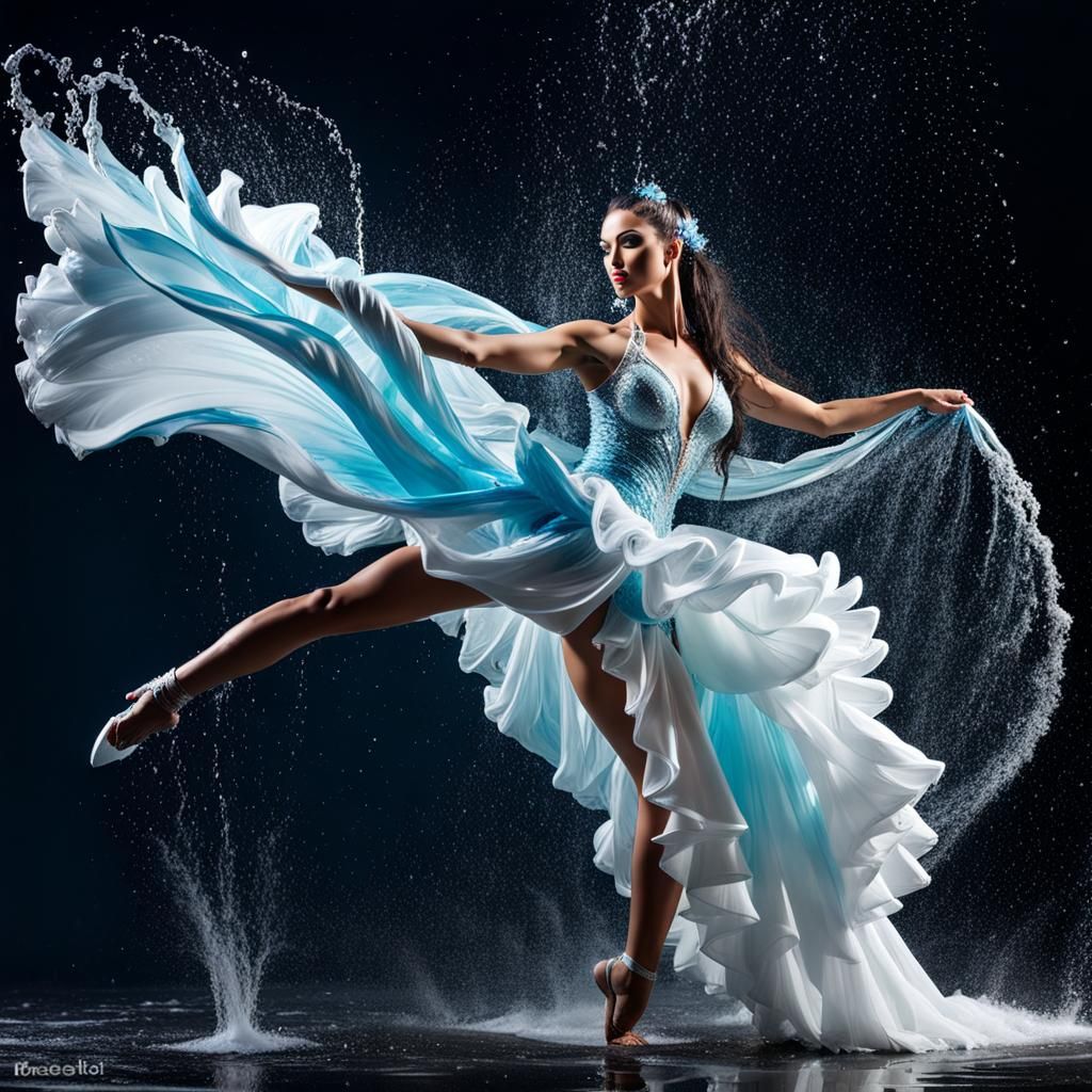 skilled gorgeus dancer wearing a incredible cascade of water splashed  by @Luigi