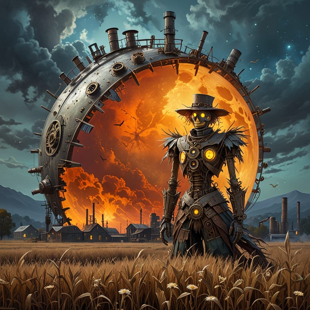 Steampunk Scarecrow Under Harvest Moon ⚙️🌾