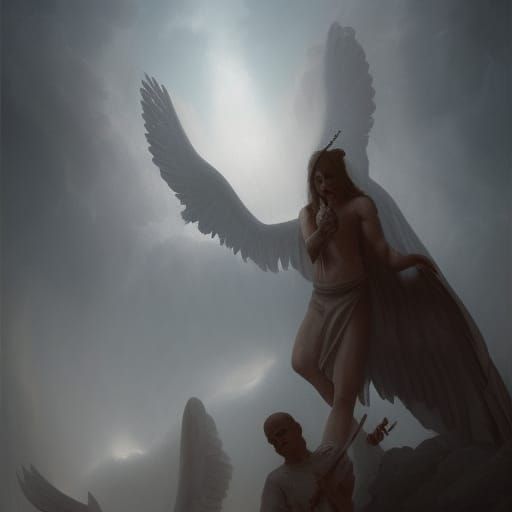 rostro de un angel guerrero peleando contra un demonio, arte...