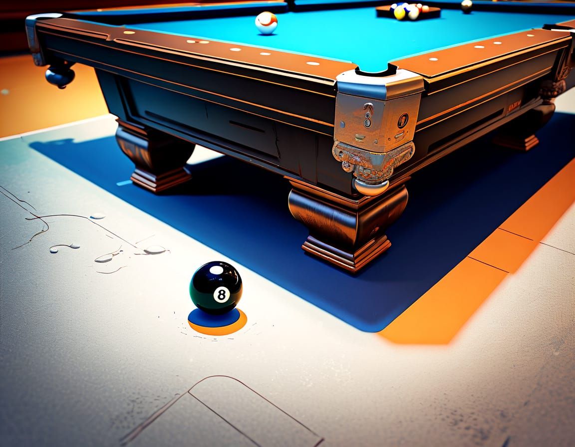close-up on 8-ball near a corner pot hole of pool table, dynamic angle, dynamic moment
