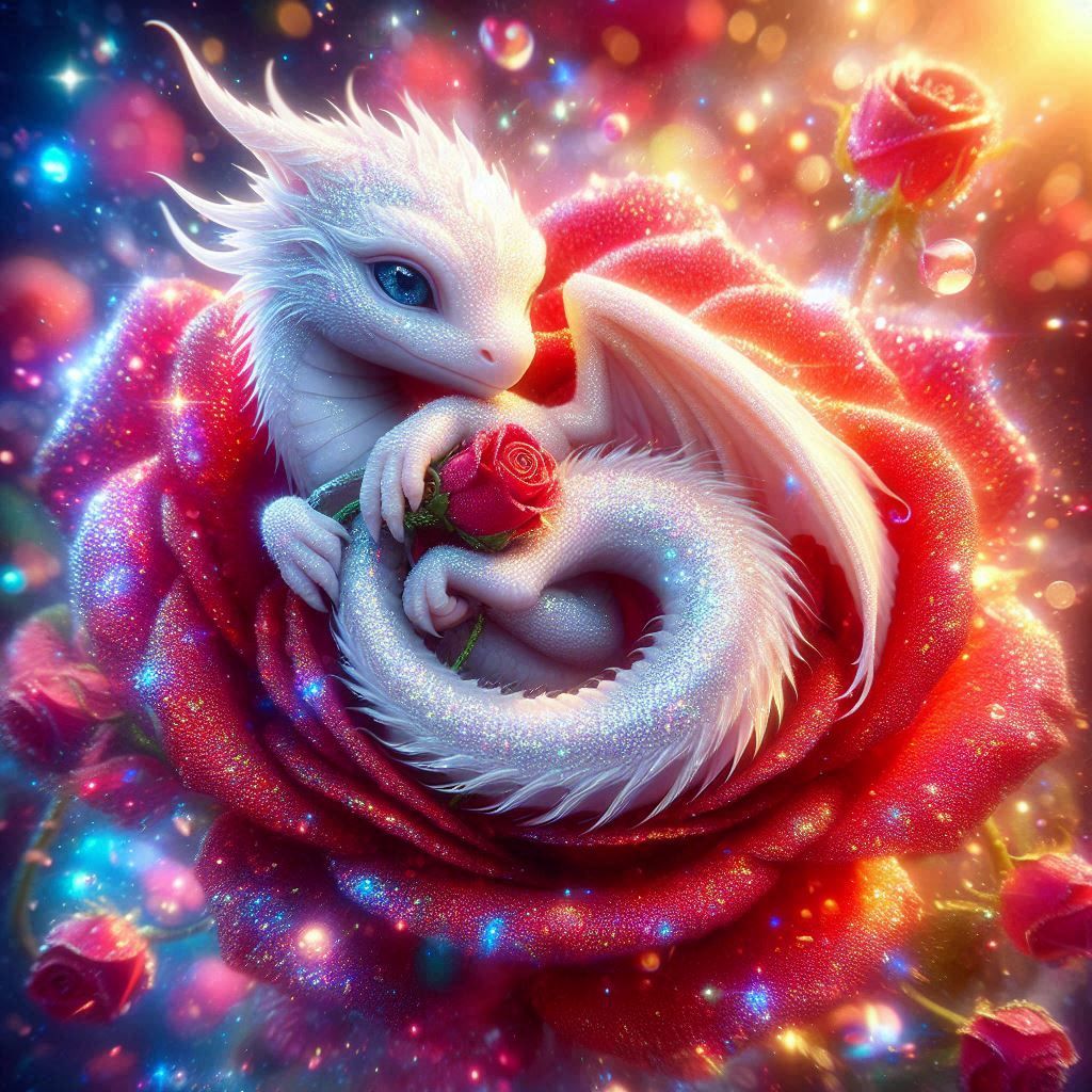 Cute baby Dragon curled up in a Glittery Red Rose (3)