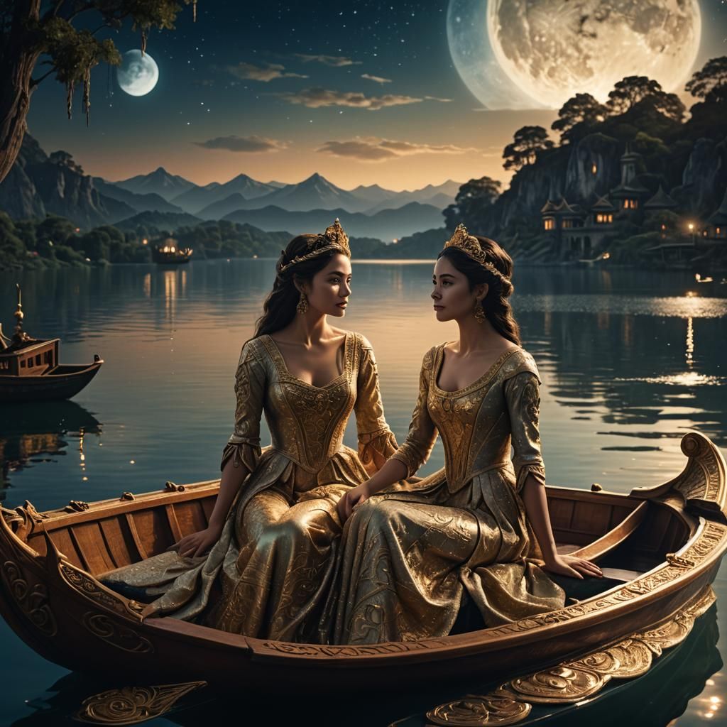 No rising sun only blue sky sparkling with stars reflecting the moonlight rays on the lake while a beautiful lady sit in a royal boat