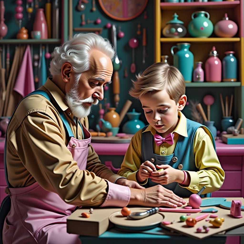 <lora:Sugar Rush:1.0> hyperrealism, retrofuturism, pastel, chrome, a grandfather and his young grandson woodworking in a workshop
