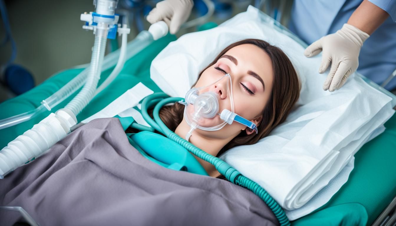 Young woman, full body, closed eyes, lying on a stretcher, intubated