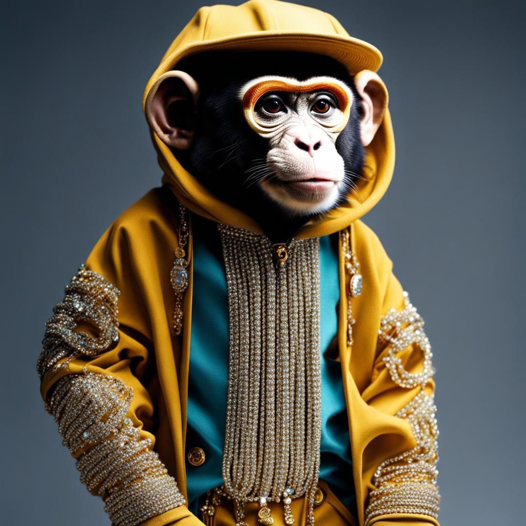 Monkey in baggy clothes and wearing bling bling