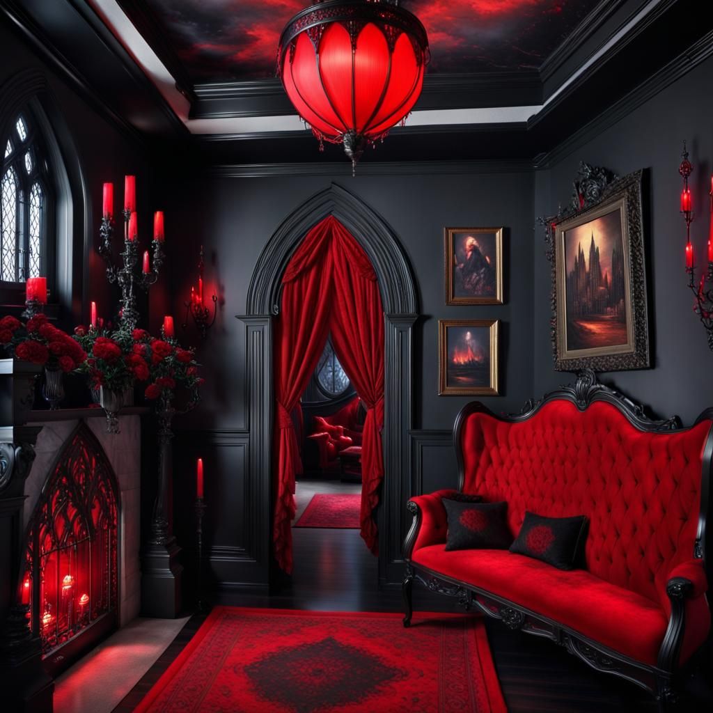 Gothic vampire themed penthouse with Black walls with red accents& Red ...