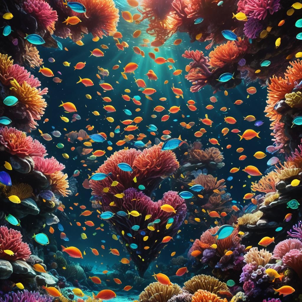 Neon Fish Heart in Coral Reef Fantasy Art