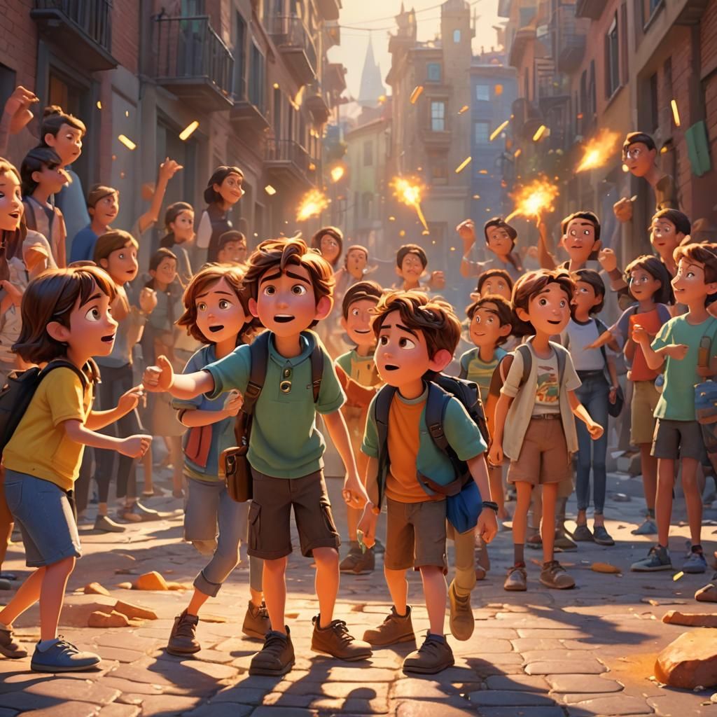 Child Points to Friends in Pixar Style