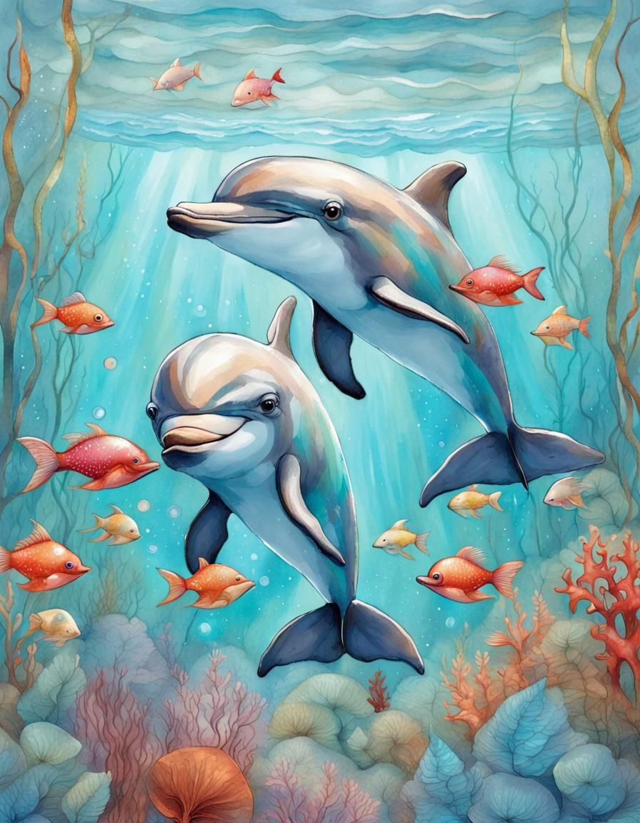 Whimsical cute little dolphins