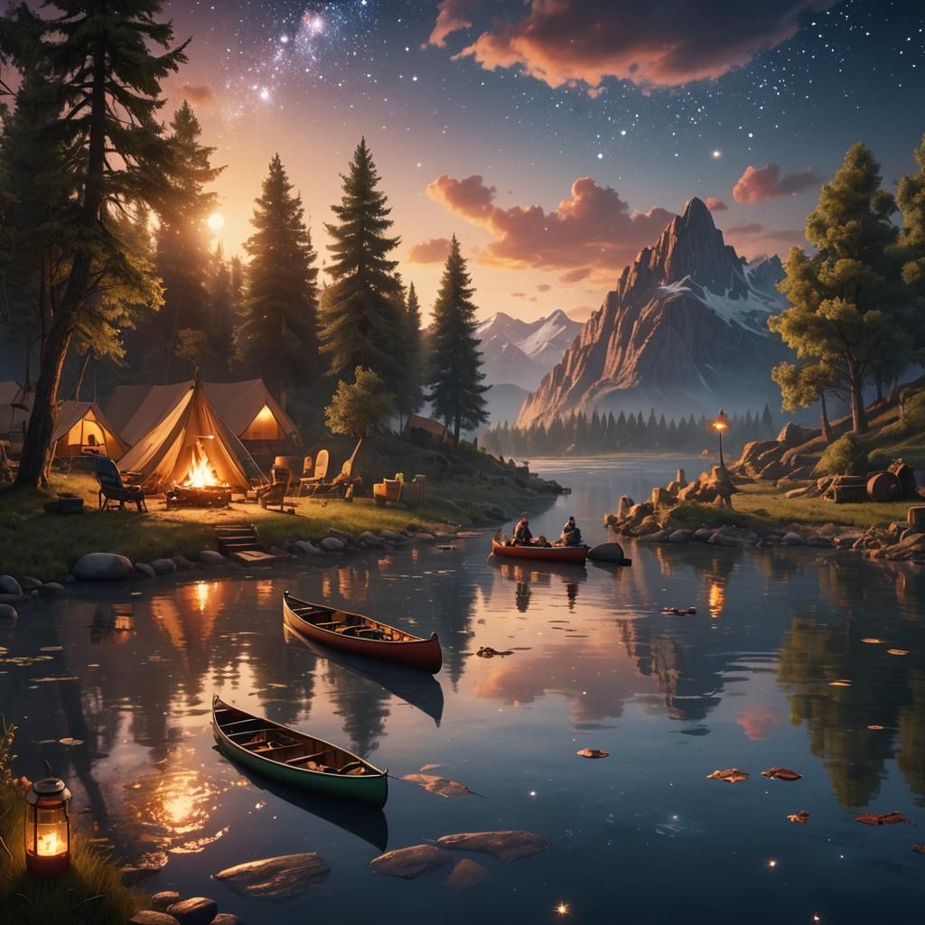 cosy campsite on river with canoe and sunset and stars with ...