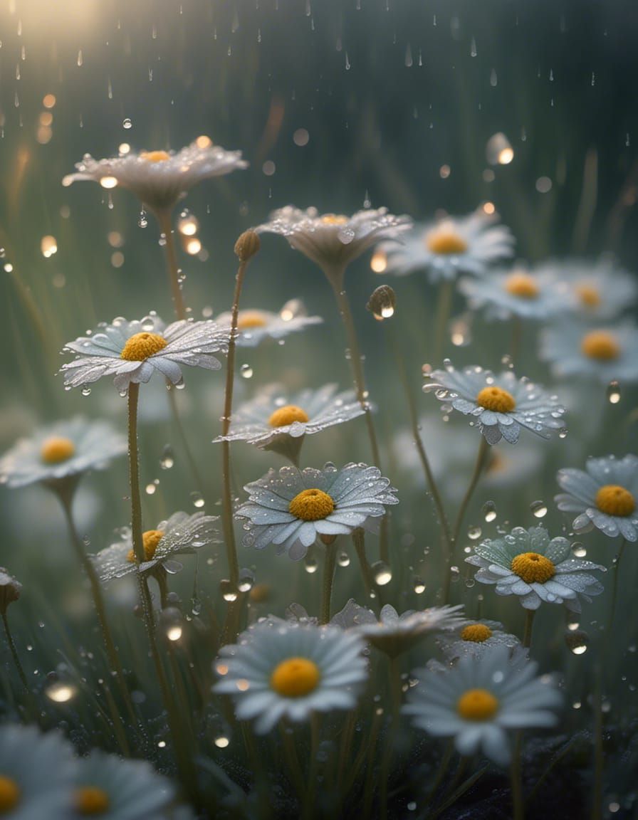 Dew-Kissed Daisies: Macro Photorealistic Digital Art
