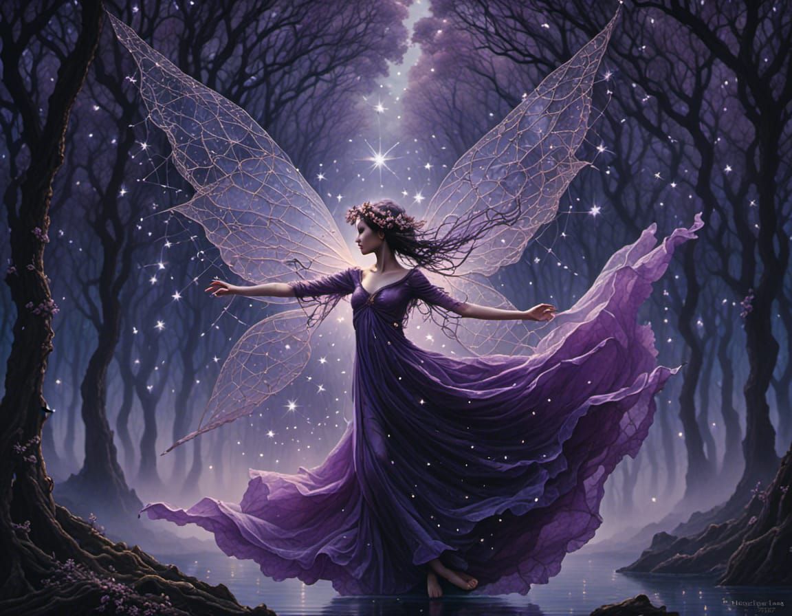 Female Purple cloaked fairy dancer on a plane of existence that requires amplified nature paths of mirrors <lora:Ecaso SDXL:1.0> 