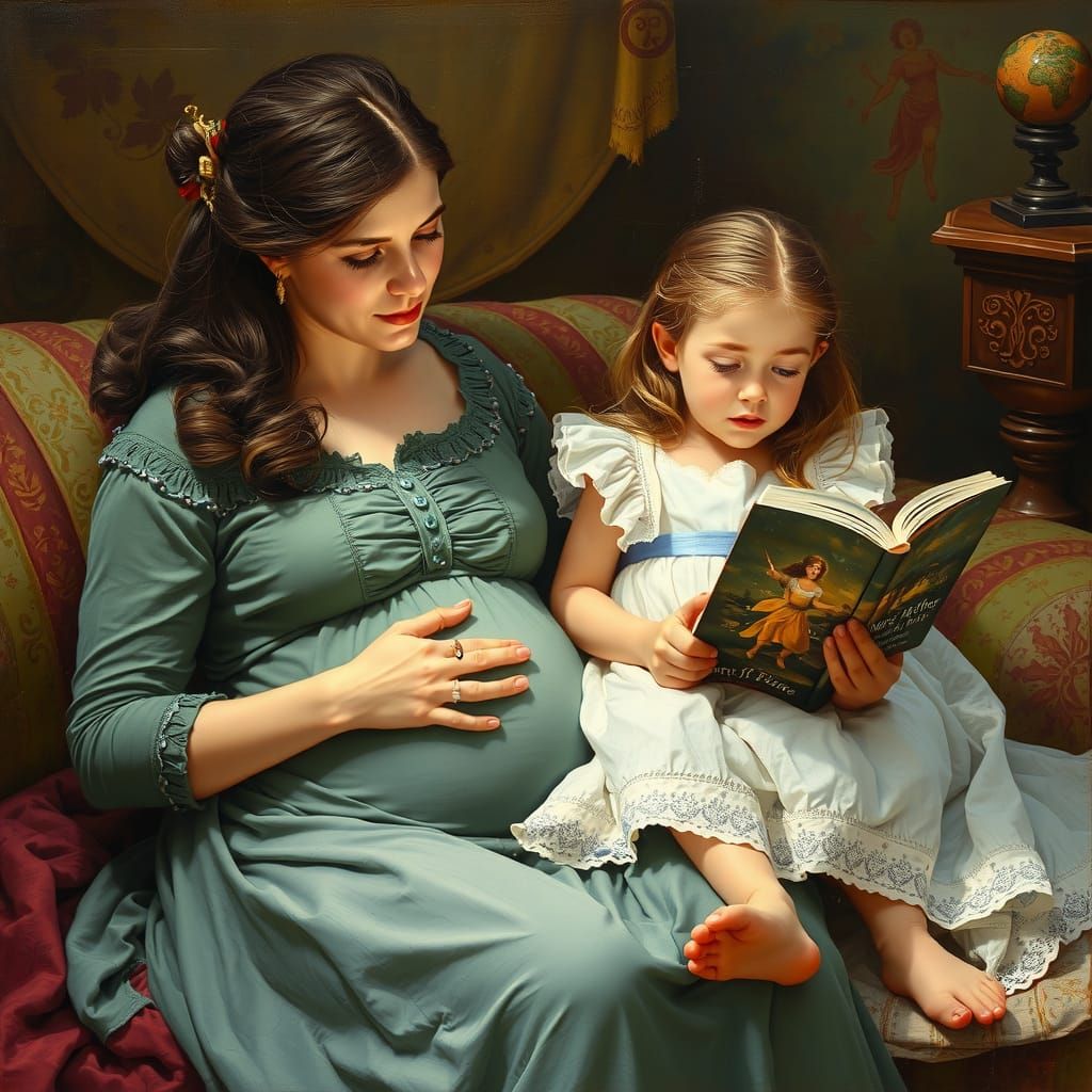 A pregnant woman sits next to her daughter and reads her a fairy tale  by @Amora