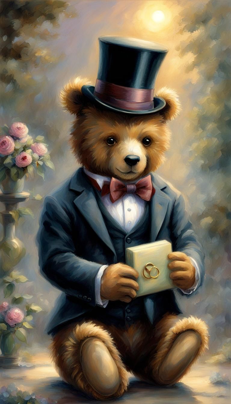 teddy bear  kneeling on one knee in a suit with a top hat ho...