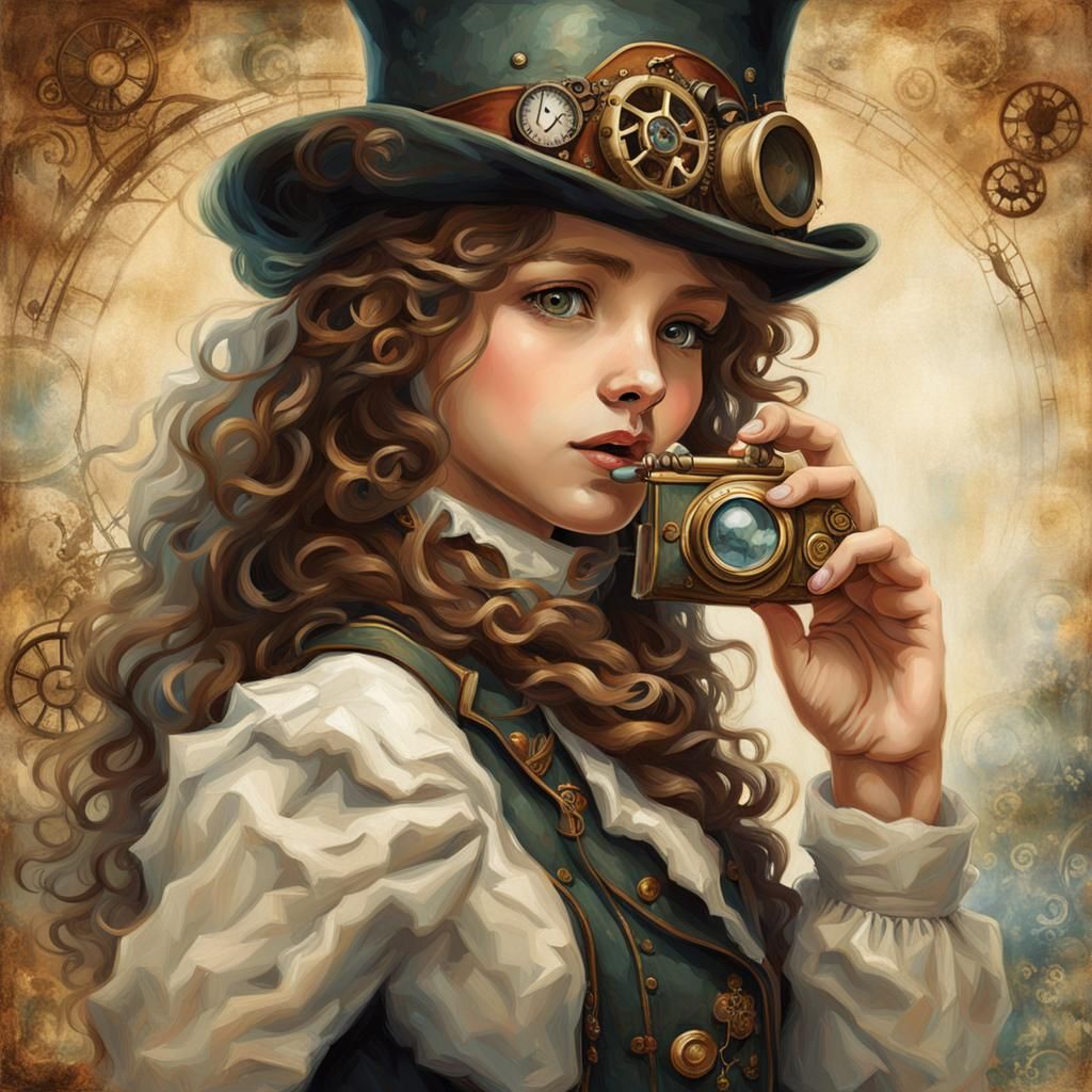 A curious steampunk girl playfully raises her finger to her ...