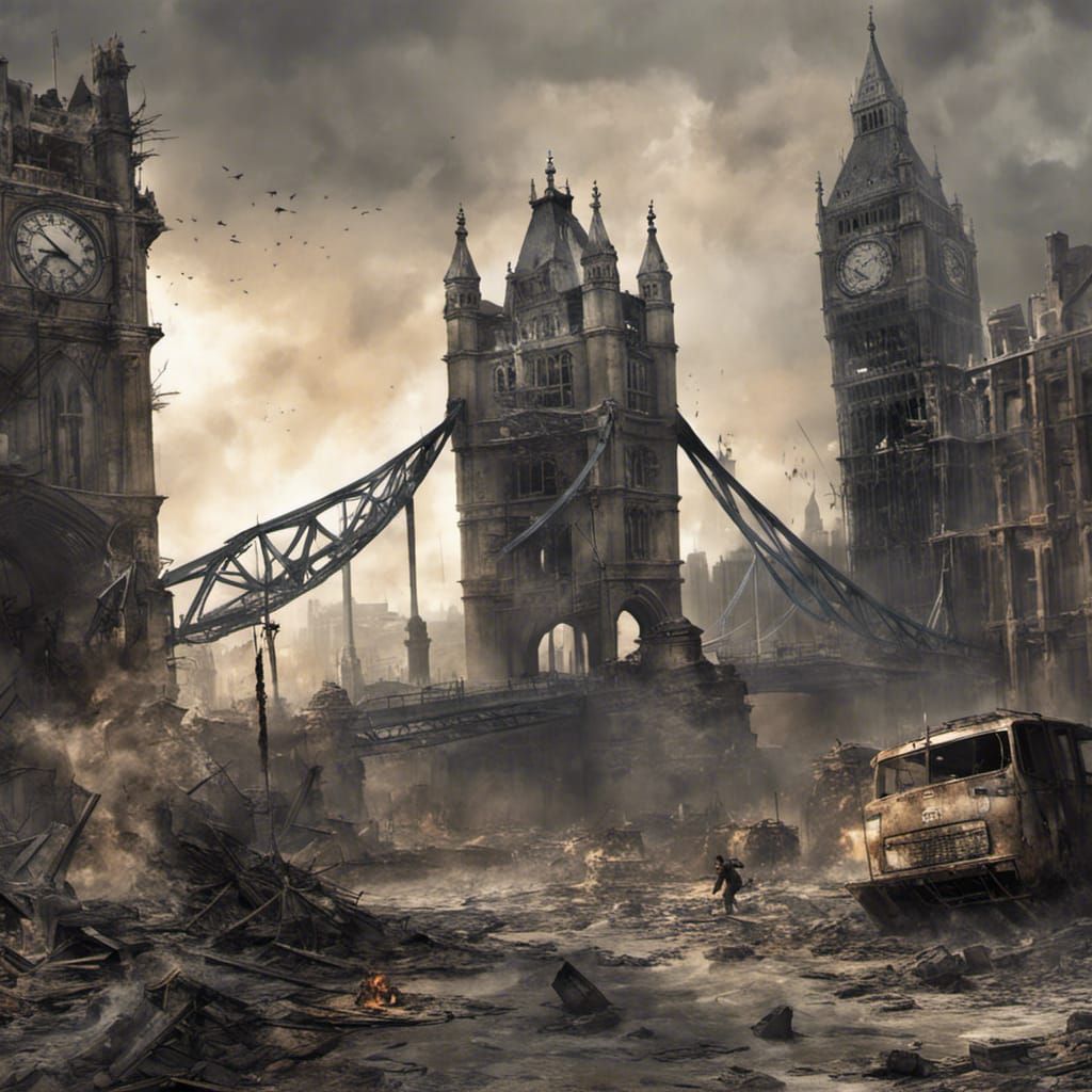 Post-Apocalypse London with destroyed London Bridge  by @Eto Demerzel