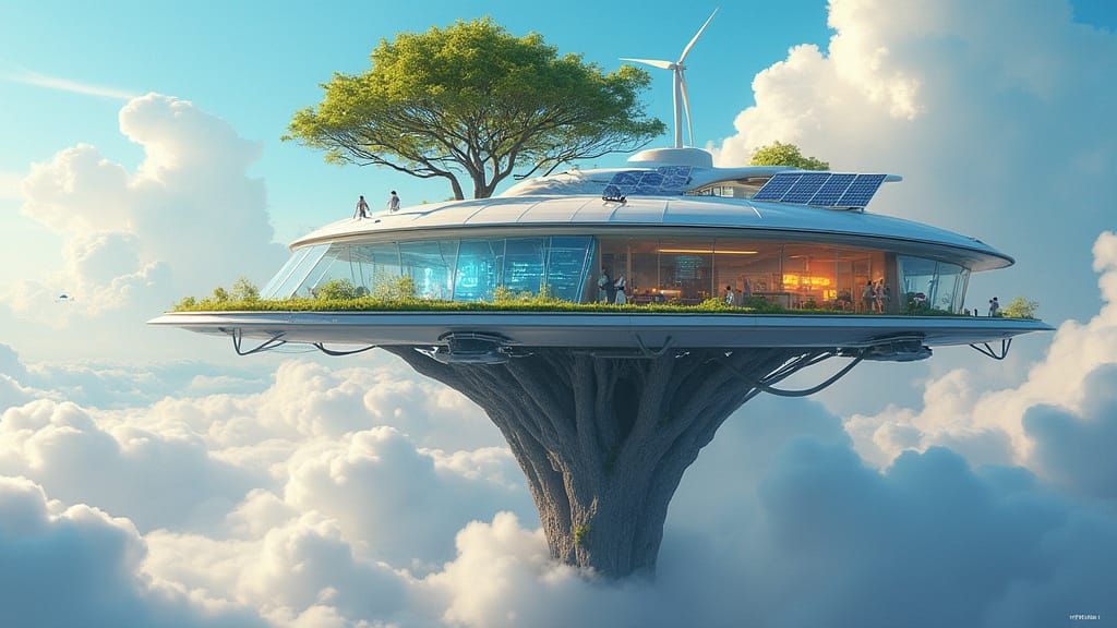 A futuristic treehouse floating among the clouds, powered by solar panels and wind turbines. The treehouse ...  by @Strumyk Tomira
