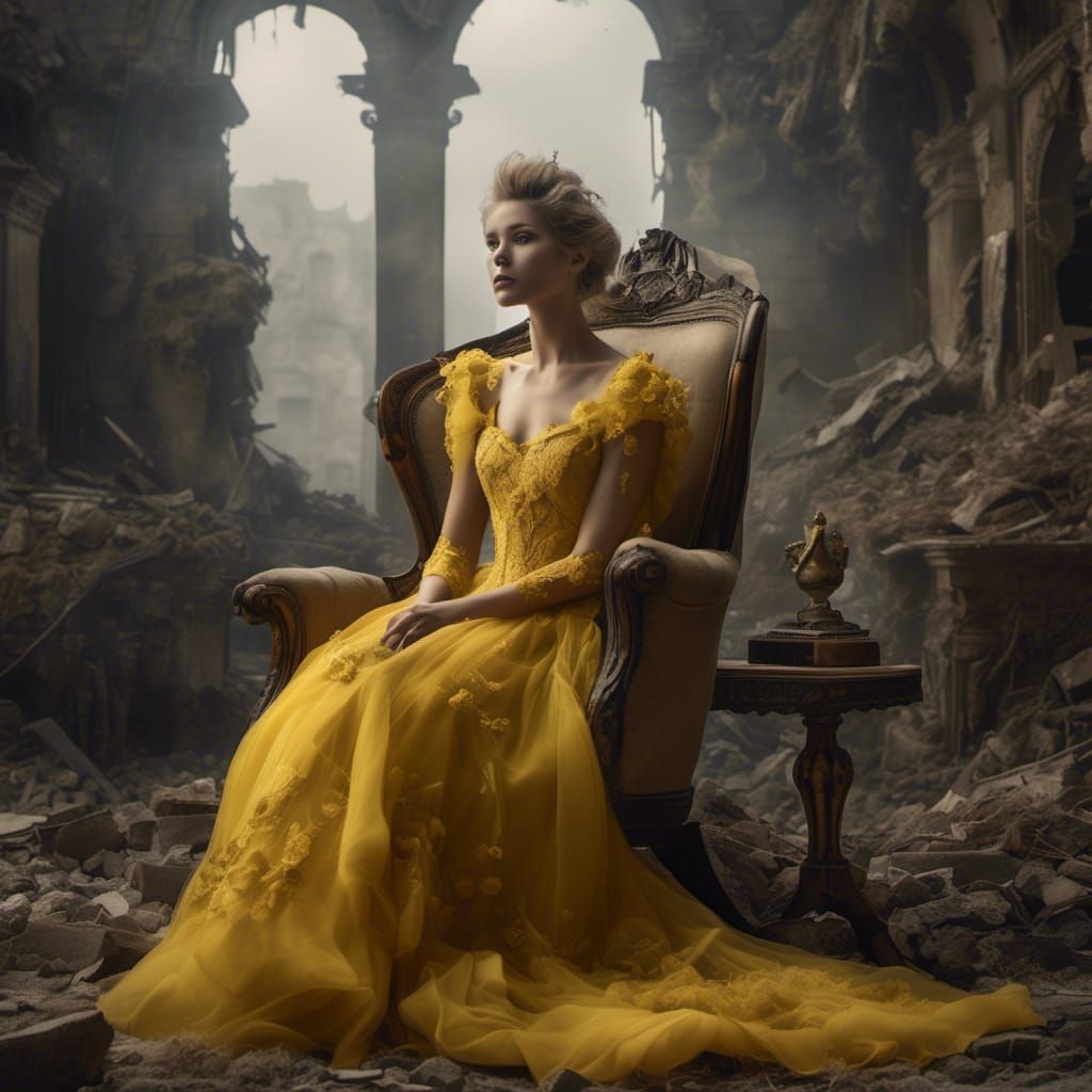 A solitary woman in an elegant yellow gown. 