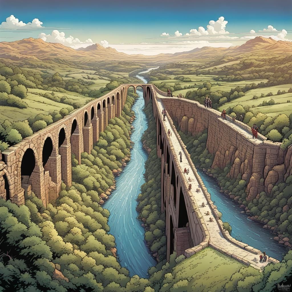 Poster art, stylised, very high angle view of an aqueduct cr...
