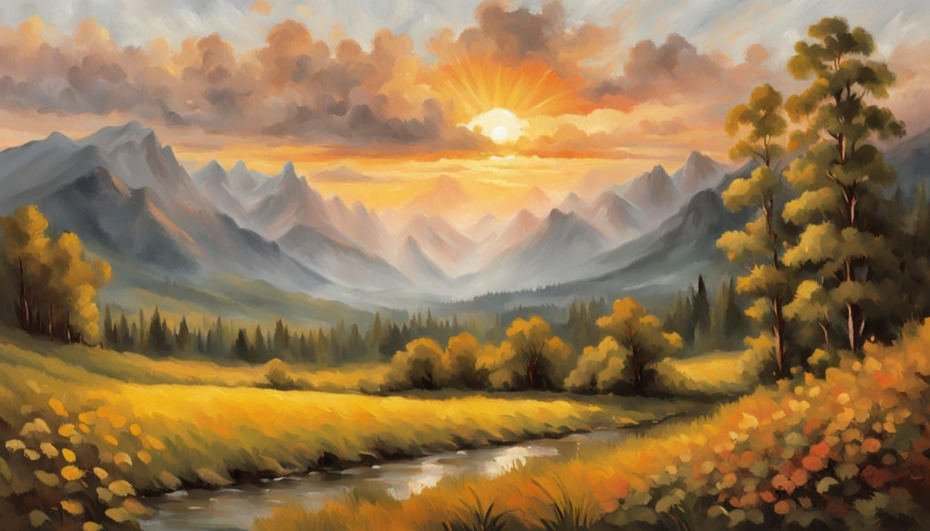 Sunset Landscape Oil Painting with Brush Strokes