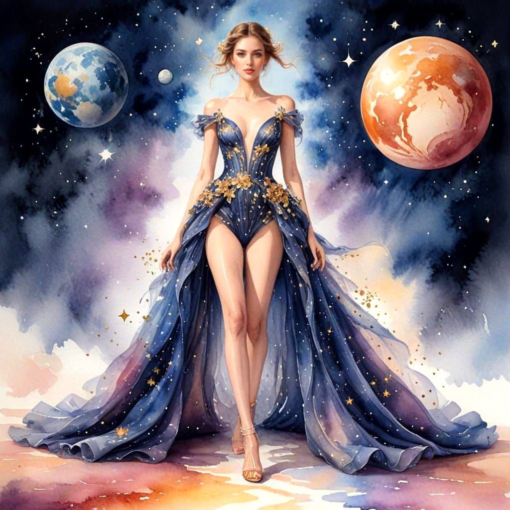 Model walks across celestial runway | Watercolor style  by @TTRPG_Player