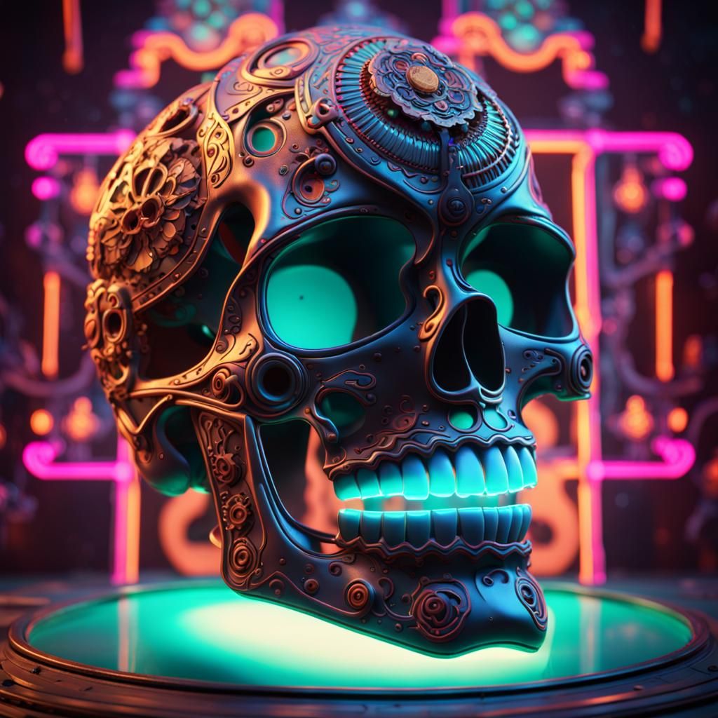 A mechanical skull in the style of dia de los muertos with n...