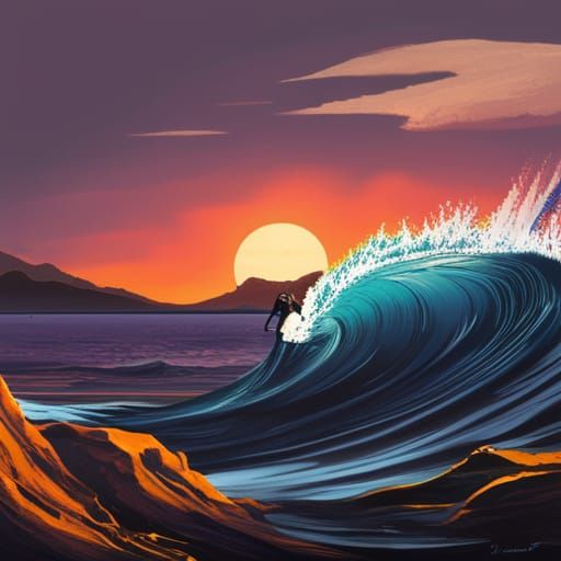 Surfer Rides Wave Tube with Fuji Mountainscape