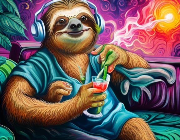 Sloth with curlers innehieltet long hair sitting relaxed on a couch ...