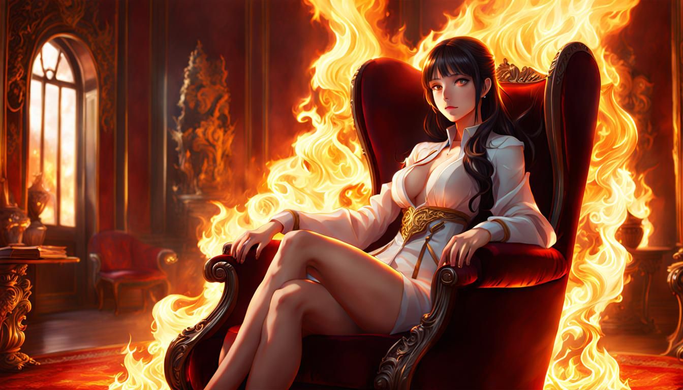 woman seated in an armchair inside a room engulfed in flames  by @Gogo